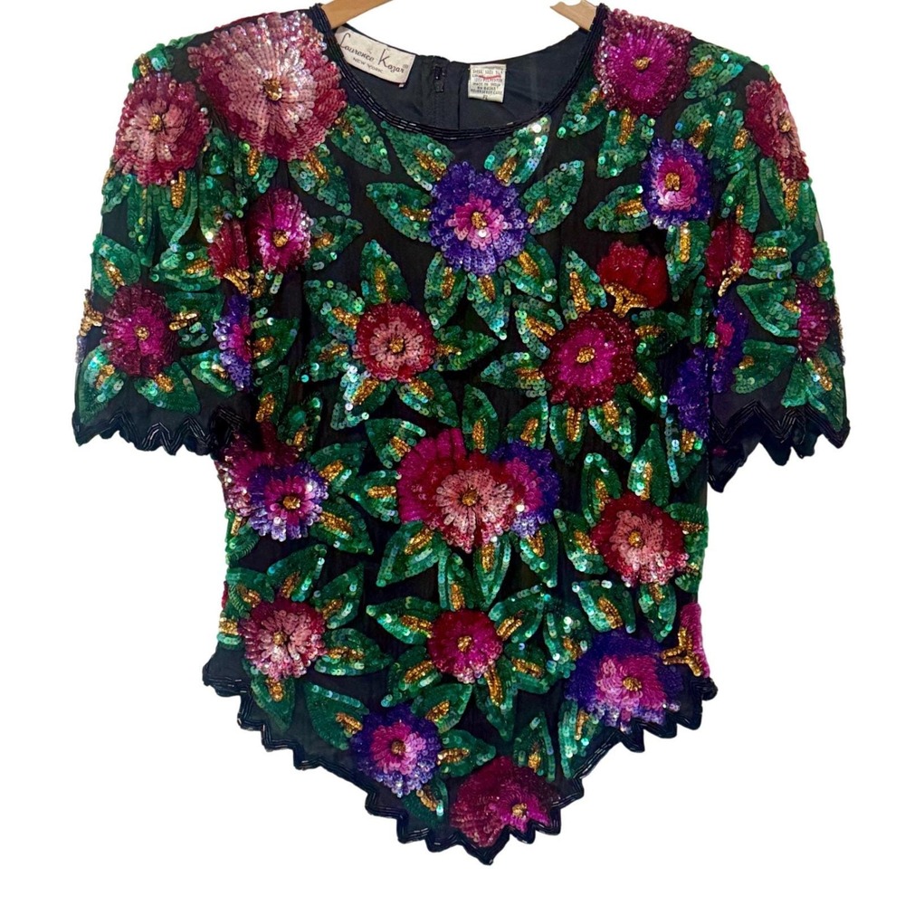Vintage Laurence Kazar Silk Sequin Beaded Top 80s 90s Floral Scalloped Blouse - Picture 2 of 12